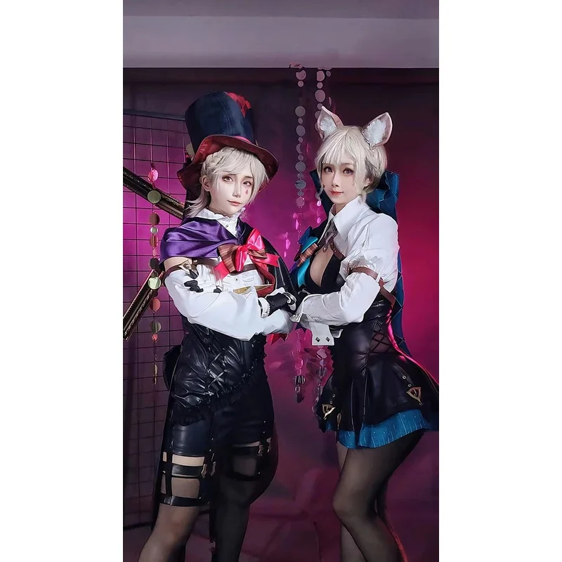 

qq273Anime Game Genshin Impact Cosplay Costume Lyney Lynette Magician Leather Uniform Dress Wig Full Set Carnival Party Christma