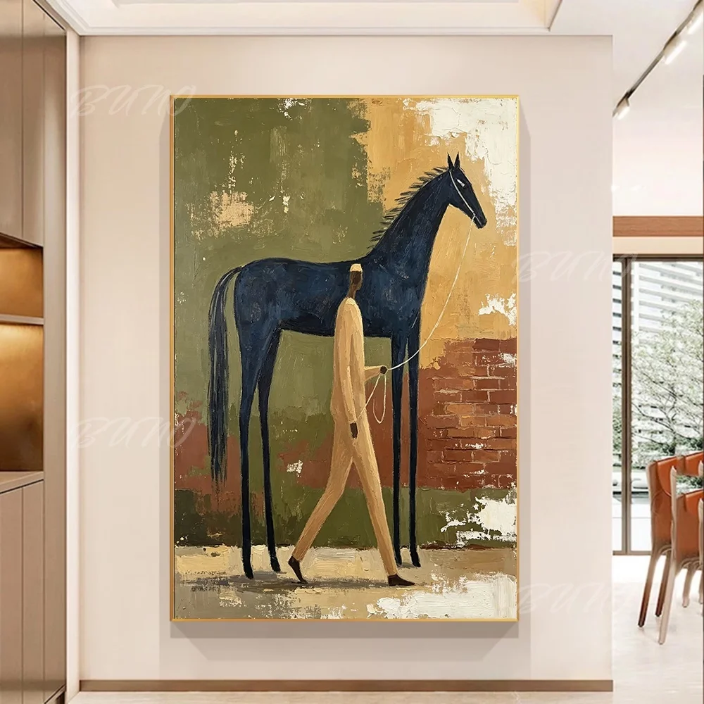 100% Hand-painted Abstract Oil Painting Original Man With Dark Horse Mid-century Wall Art For Home Living Room Bedroom Decor