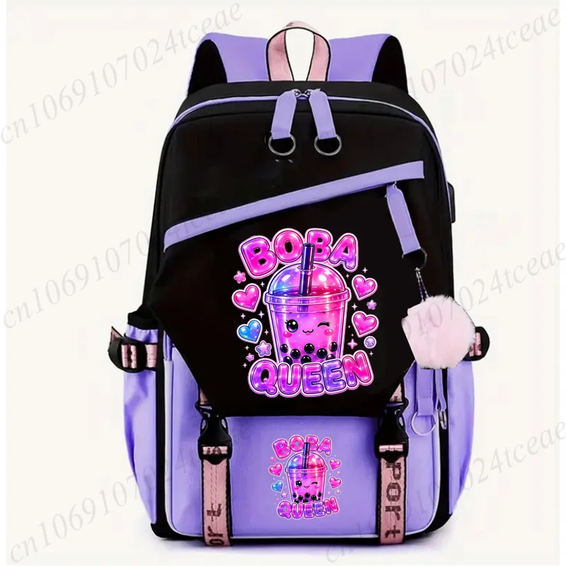 Boba Queen Kawaii Backpack for Girls Schoolbag Aesthetic Kawaii Travel USB Laptop Backpack Anime Cartoon Graphic School Bag Gift