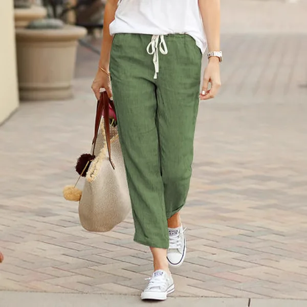 2025 European and American Spring and Autumn New Solid Color Loose Casual Drawstring Elastic Waist Cotton and Linen Trousers