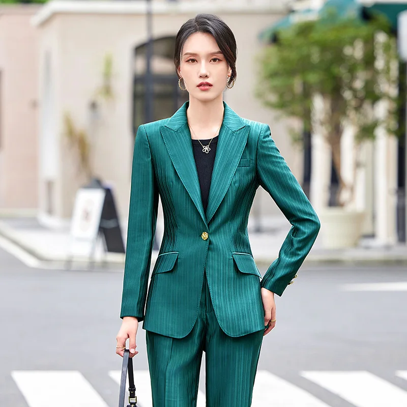 Business Suit Women2024New Autumn Green Striped Acetate Suit Work Clothes High-End Temperament Workplace Formal Wear