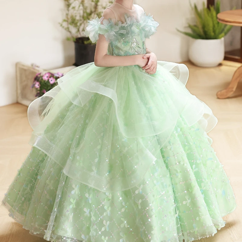 Kids Formal New Green Gown Birthday Party Tulle Piano Performance Costume Off Shoulder Fashion Flower Girl Children Princess