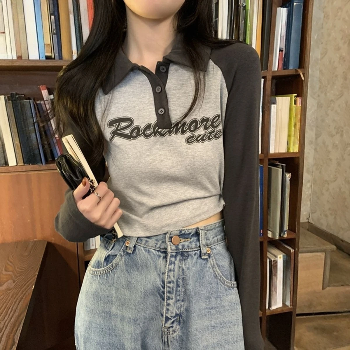 Women Vintage Color Block Raglan Long Sleeve Polo Collar Crop Top Autumn Winter Slim Fit Casual T-Shirt