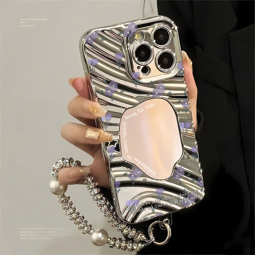 Чехол для телефона Flower Silver Mirror Wave Edge для iPhone 17 Pro, чехол для iPhone 13 14 12 11 15 16 Pro Max, мягкий глянцевый чехол со шнурком