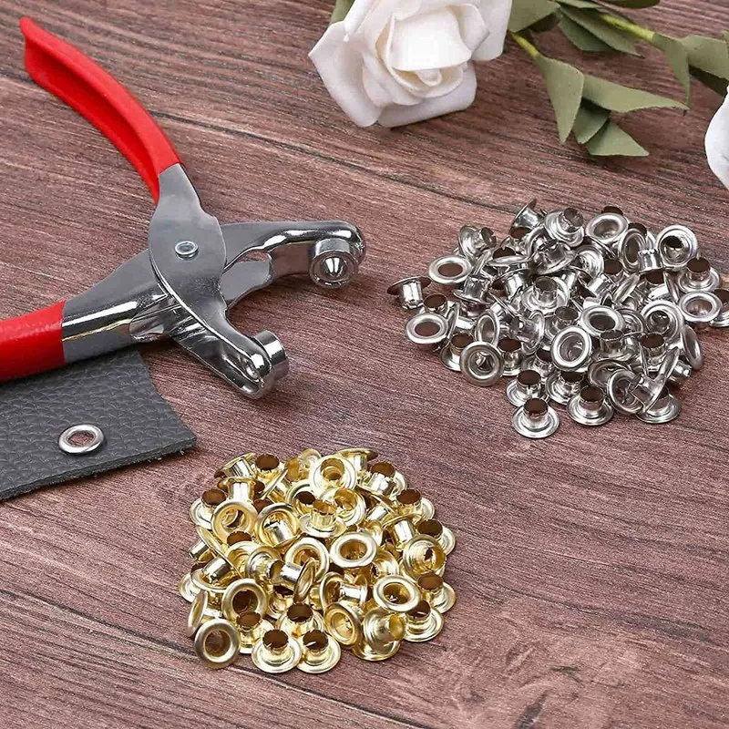 SEWS-401Pcs 1/4Inch 6Mm Grommet Eyelet Pliers Kit, Grommet Tool Kit With 400 Metal Eyelets In Gold And Silver,Eyelet Grommets