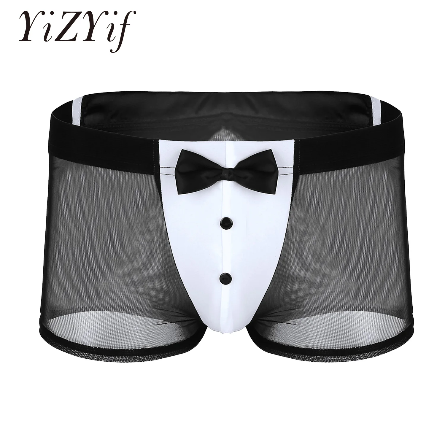 

YiZYiF Sexy Mens Underwear Waiter Tuxedo Lingerie Mesh See -Through Boxer shorts Underpants with Rabbit Ears on Back