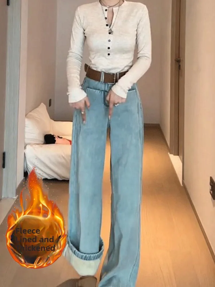 

Широкие джинсы Thiened Fce с высокой талией, женские свободные прямые брюки длиной до пола, осень-зима, синие джинсовые брюки с эффектом похудения