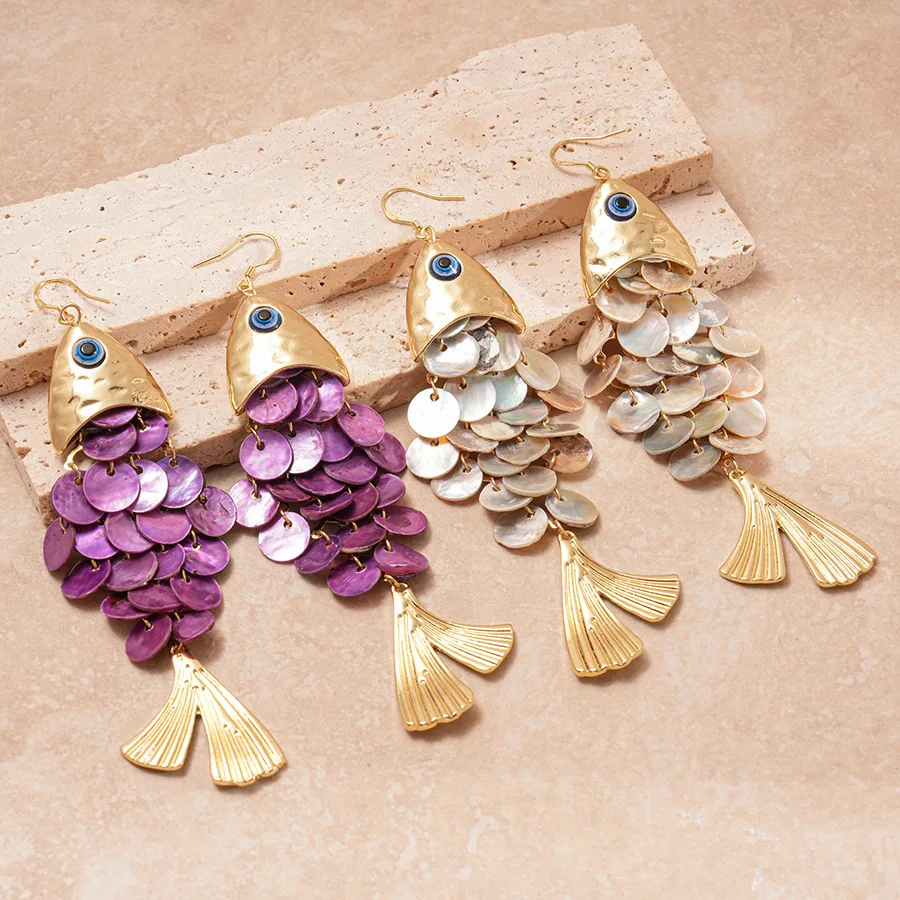 

Exaggerated Multicolor Round Natural Shell Metal Triangle Evil Eyes Tassel Earrings for Women 2025 Beach Sea Holiday Jewelry