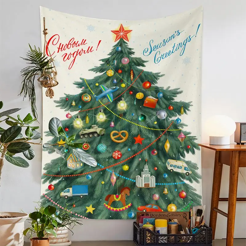 VIKAMA Vintage Soviet Christmas Tree Wall Tapestry Season Greetings Text Toy Ornament Plane Car Horse Retro Holiday Home Decor