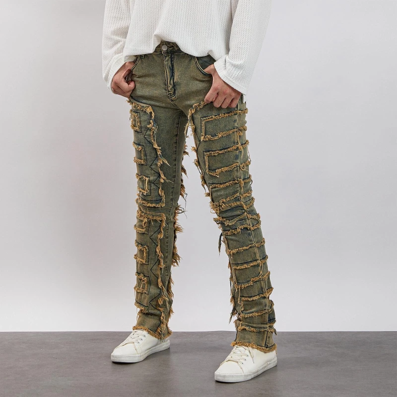 Men's Streetwear Patchwork Jeans Slim Fit Straight Leg Vintage Washed Denim Pants with Distressed Patches Fashion Trousers