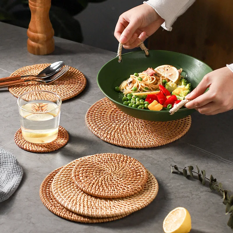 Natural Rattan Woven Teapot Coaster Holder Woven Tea Ceremony Creative Placemat Table Mat Bowl Mat Plate Mat Heat Insulation Mat