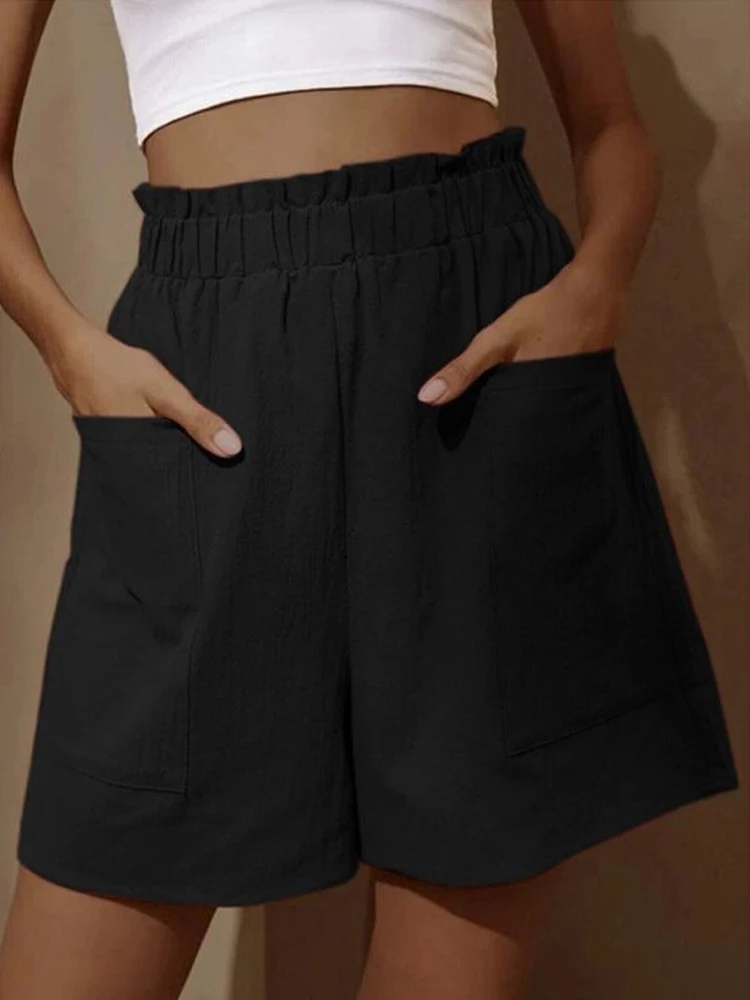 Summer New Loose Large Size Casual Shorts Women\'s Solid High Waist Casual Pants Two Pockets Wide Leg Pants Female Shorts Sport