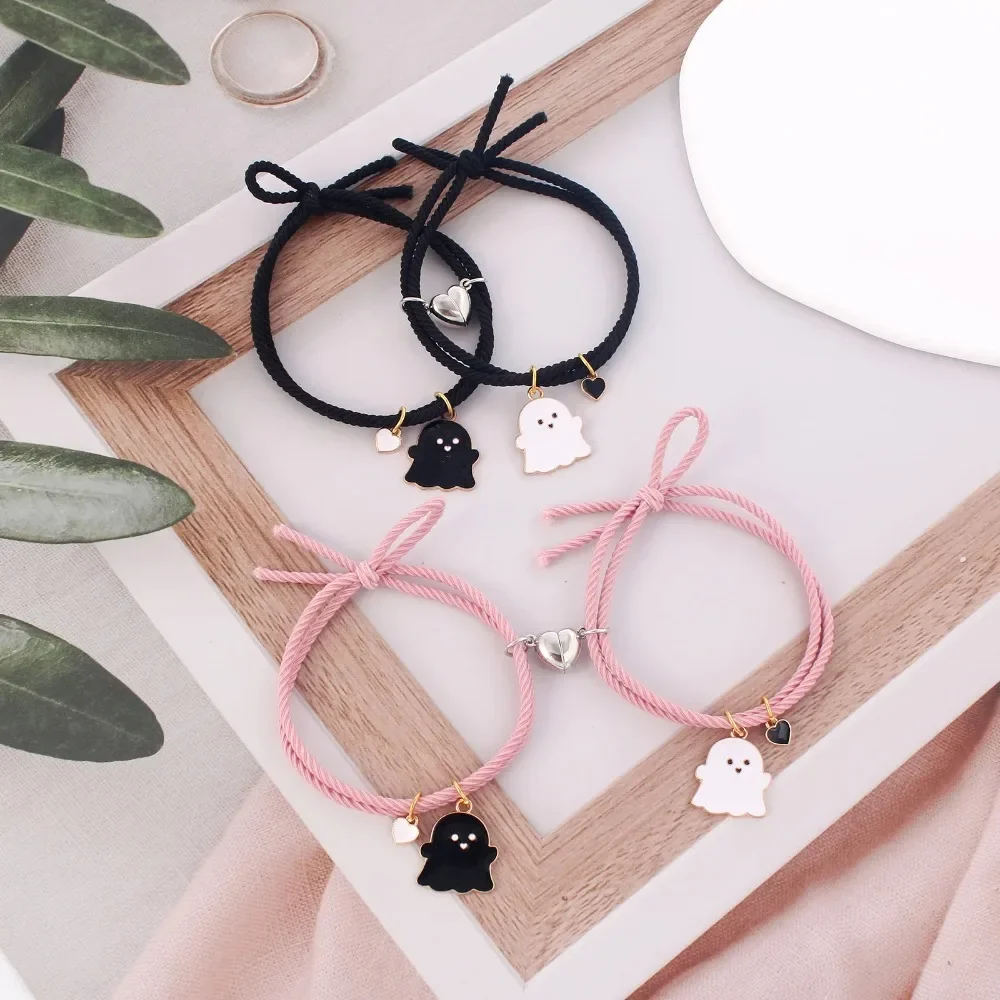 Halloween 2Pcs/Set Ghost Braided Bracelet for Lovers Long Distance Heart Magnet Couple Bracelets Friendship Fashion Jewelry Gift