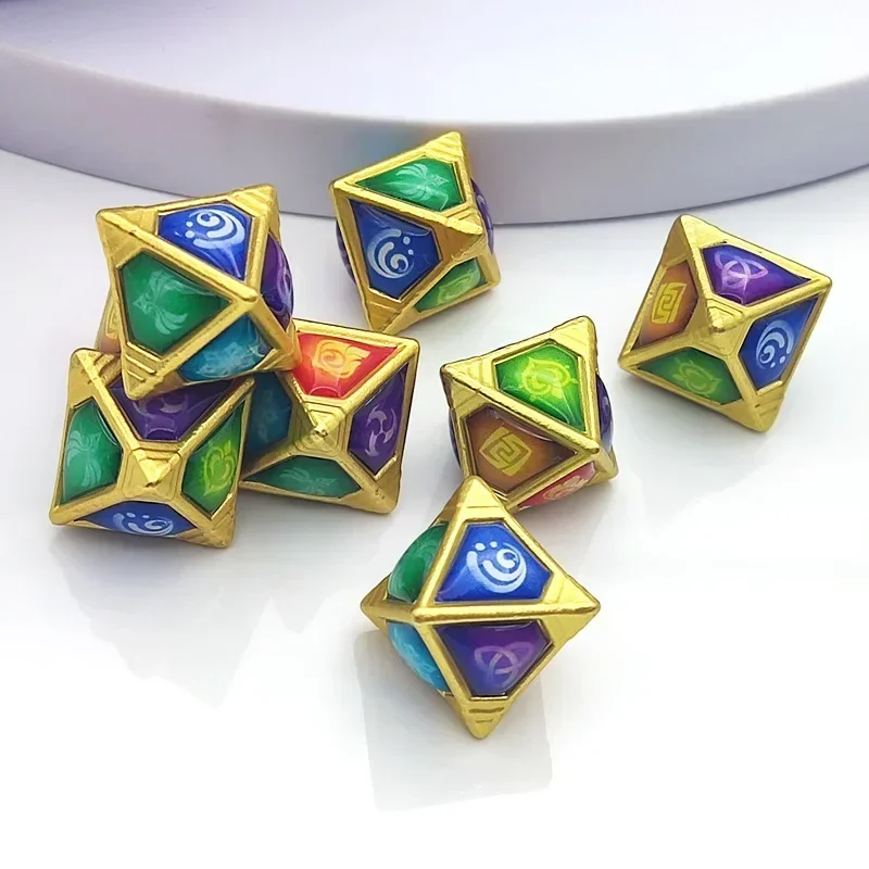 Genshin Impact Genius Invokation TCG Vision Dice Anime Peripherals Metal Cards Diamond Shape Element Necklace Pendant Game Toys