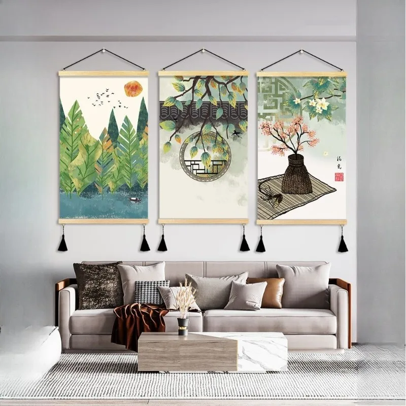 Aesthetic Room Decor Japanese Wabi-sabi style Green Forest & Floral Trio Wall Scroll – Zen Asian Art for Living Room Background