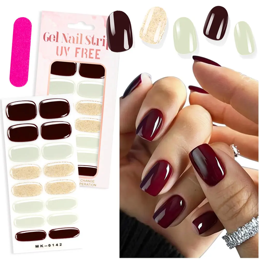 

1sheet 16tips Cherry Red Green Glitter UV Polish Nail Strips Baking-Free Full Cover Nail Wrips Self-Adhesive Nail Full Stickers