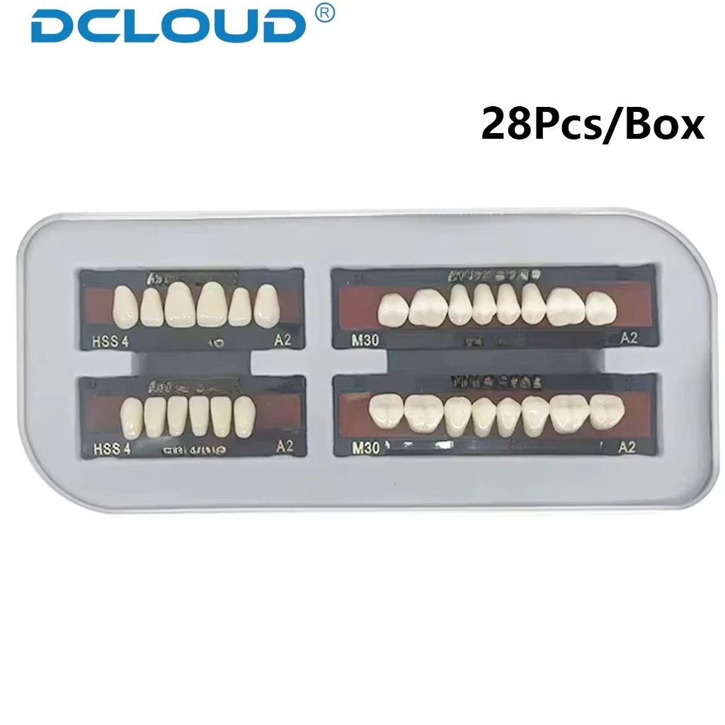 DCLOUD 28 unids/caja dentaduras postizas de resina Dental juego completo de dientes postizos boca completa dentaduras superiores inferiores L/M/S dientes de acero de plástico A2 A3