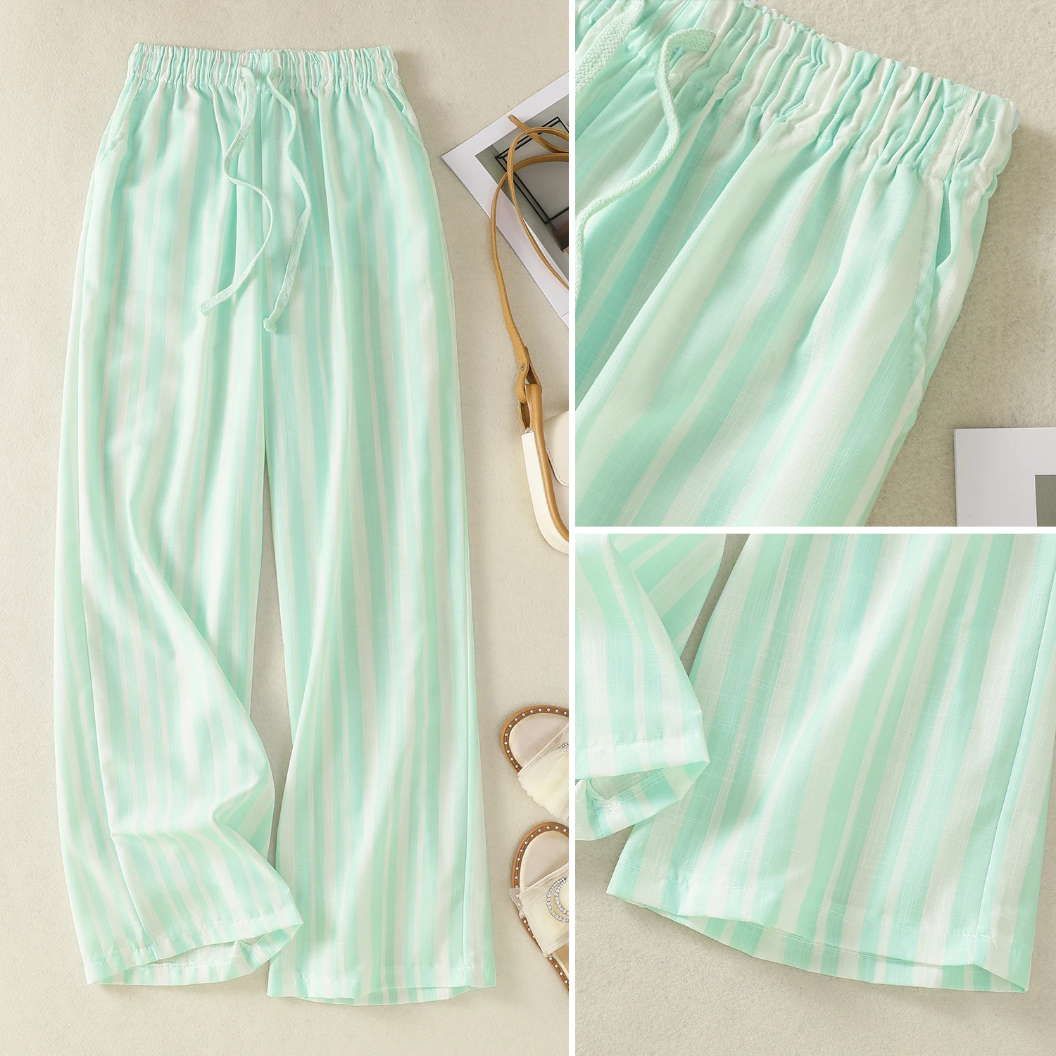 Plones Anchos de Verano con Cintura Elástica y Cordón Ajustable, Color Verde Menta, Estilo Casual, Pierna Recta, Cintura ...