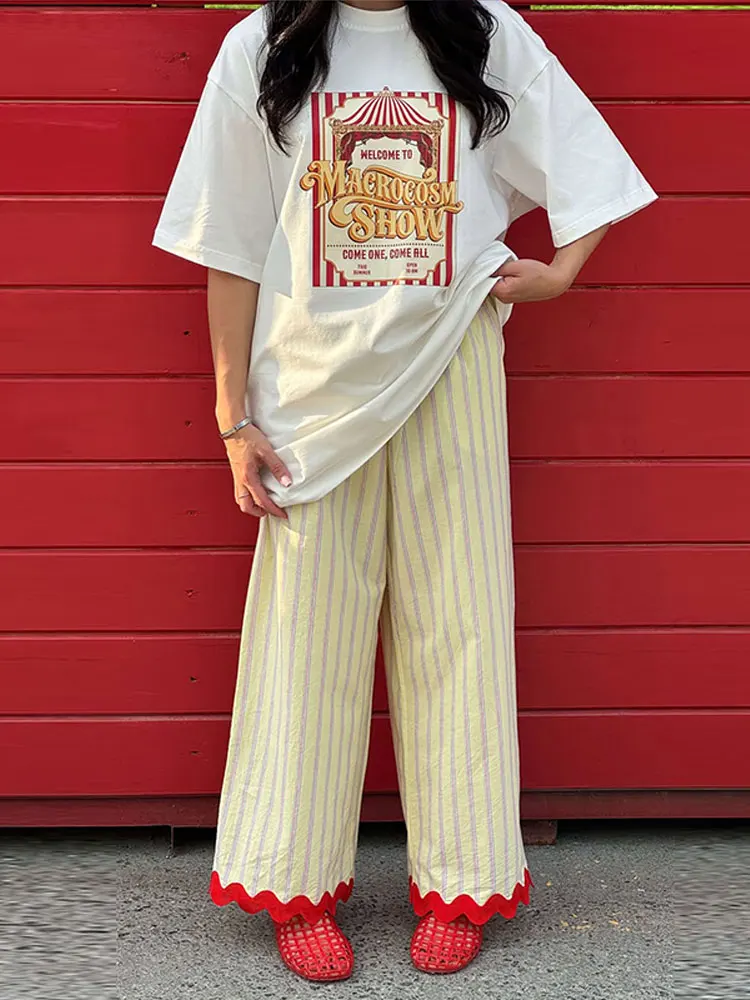 Fashion Women Pant Striped Contrast Wide Leg Female Long Trouser Chic Streetwear Lady Autumn Spring Vacation Bottoms 2026 ﻿