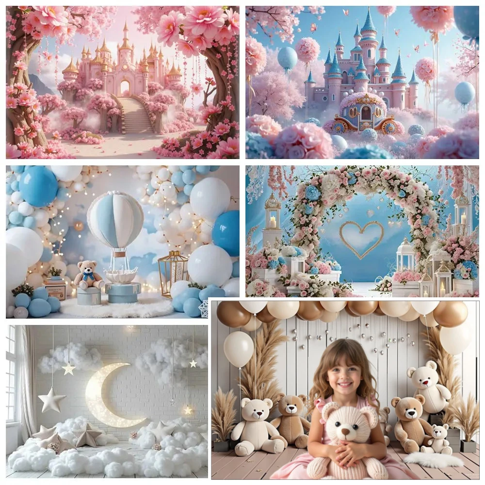 

MOON.QG Baby Shower Girl Birthday Backdrop Balloons Castle Teddy Bear Flower Backgrounds Photographs Party Decoration Wallpaper