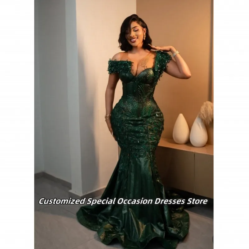 High Quality Green Off The Shoulder Evening Dresses For Women Luxury Rhinestones Prom Dress Long Wedding Party Gowns Customized