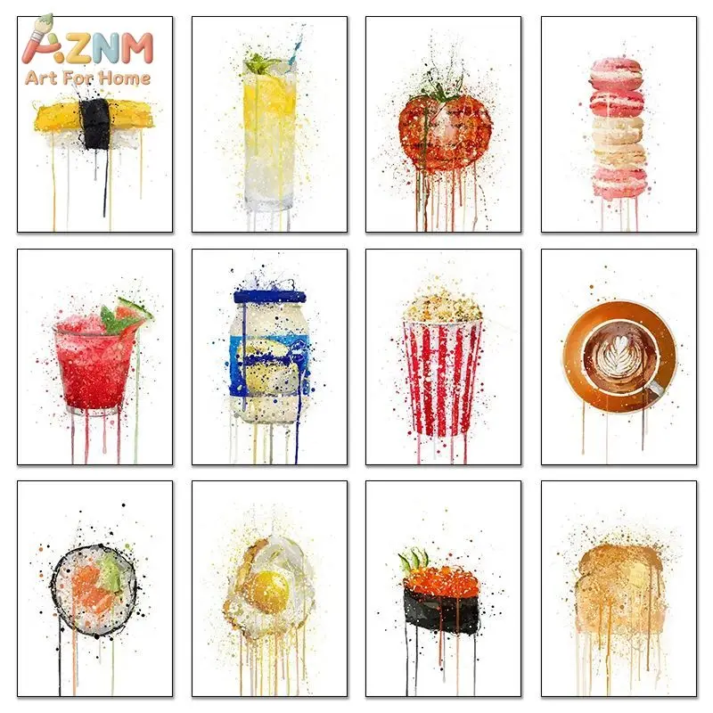 AZNM Splash Watercolor Food Drink Canvas Poster Frameless Wall Art Sushi Cocktail Coffee Macaron Popcorn Egg Print For Kitchen C