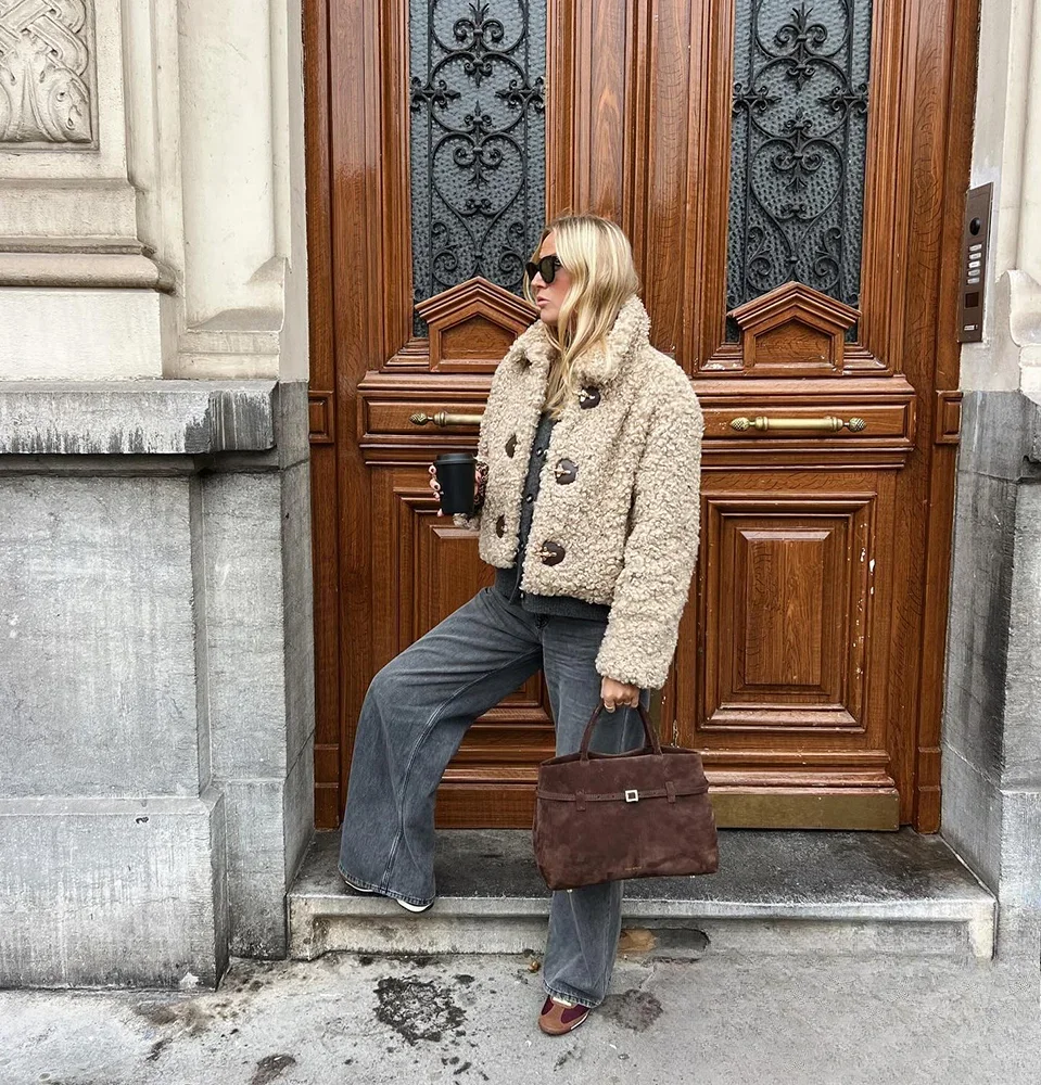 

KONDALA женская модная флисовая свободная куртка пальто лохматый куртка на пуговицах с лацканами новинка 2025 весна осень зима смешанное милое пальто