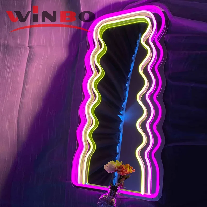 (customized)Winbo Custom Neon Wavy Mirror Bathroom Decorative Mirror Wall With Neon Lights Led Mirror