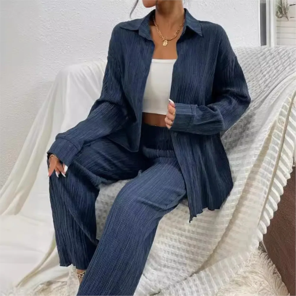 Loose Long Sleeved Solid Color Cardigan Shirt And Pants Two-piece Set 2024 Autumn Women\'s Casual Suit  Ensemble Pantalon Outfits