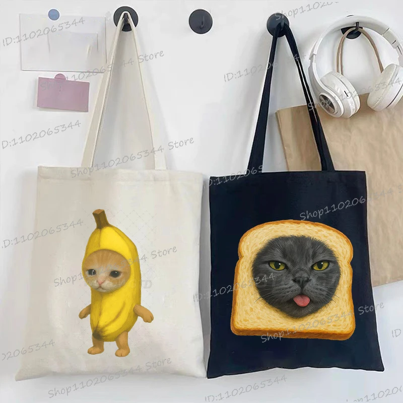 

Funny Animal Meme Cartoon Cats Handbag Foldable Reusable Women Harajuku Style Bag Student Humor Hippie Kitten Unisex Tote Bags