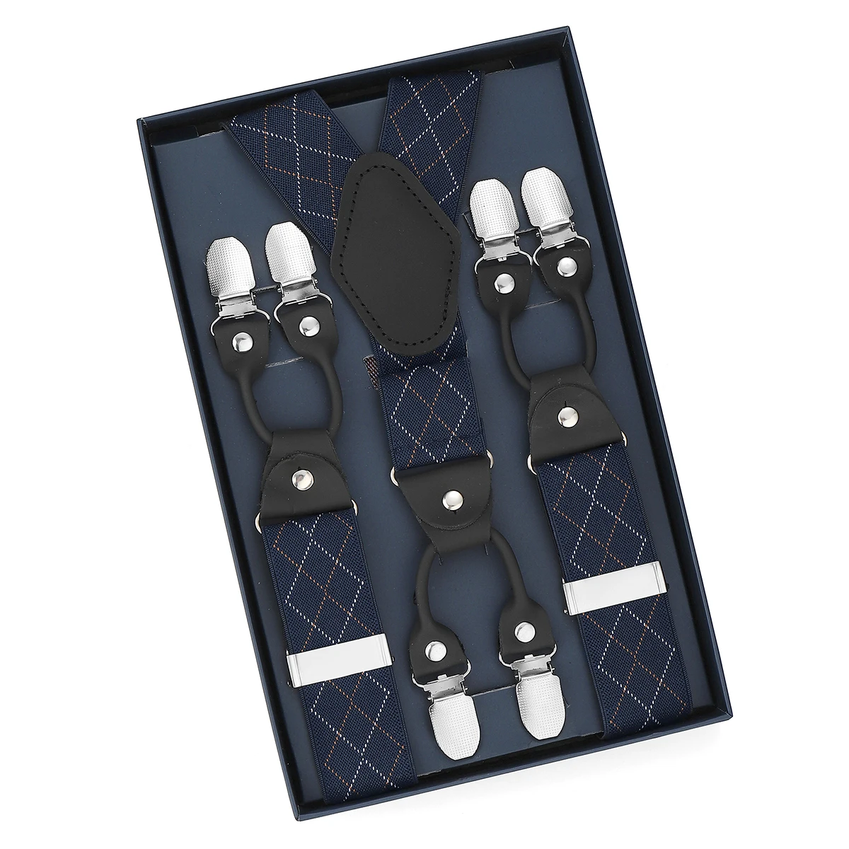 Estilo a cuadros azul marino retro británico, accesorios para pantalones de traje de caballero con seis clips para hombre, tirantes antideslizantes.