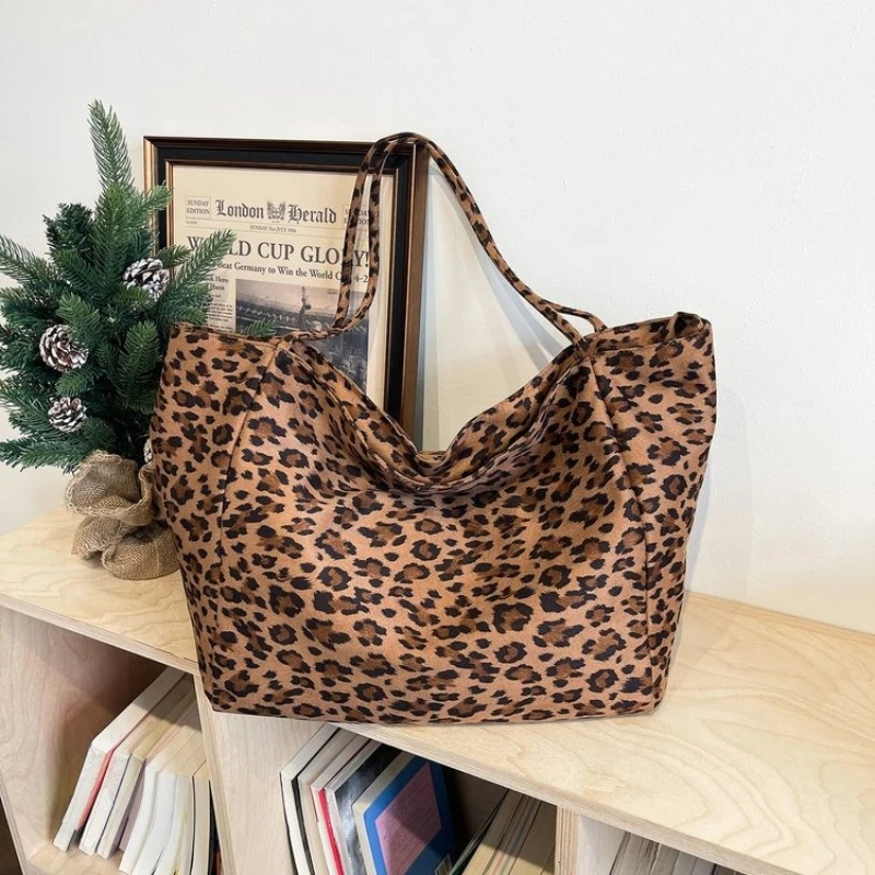 Vintage Leopard Print Faux Suede Tote Bag Large Capacity Lightweight Women Casual Shoulder Hand Shopping Bag