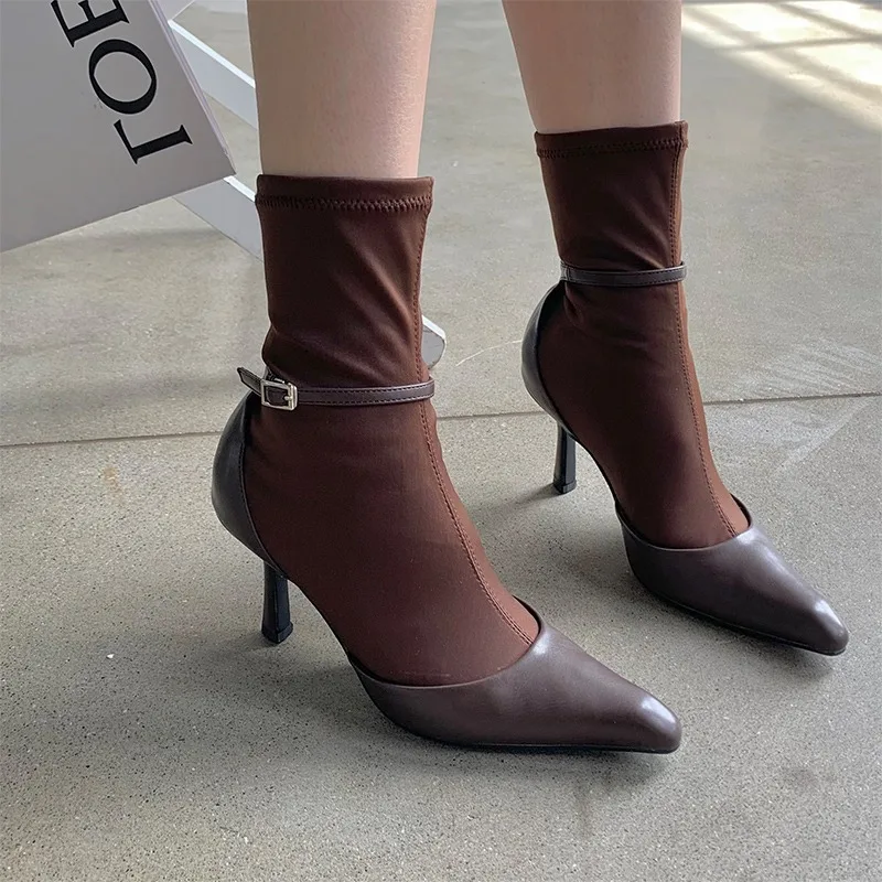 

Модные ботинки из эластичной ткани, женские сексуальные носки с острым носком, ботинки, элегантные современные модельные туфли, дизайнерские женские ботинки на тонком высоком каблуке