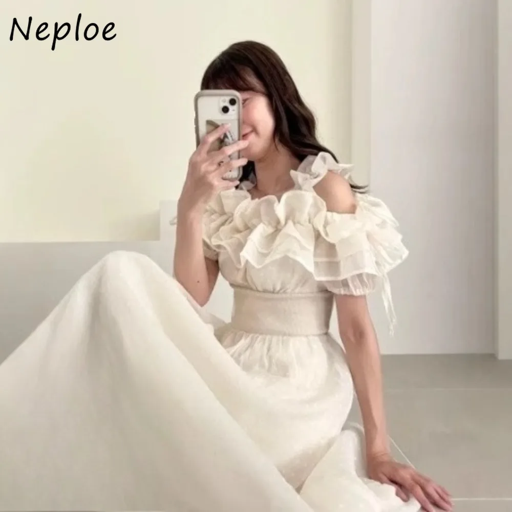 

Neploe New Ruffles Slash Neck Off Shoulder Mujer Sweet Slim Waist Drawstring Polka Dot Robe Japan Patchwork Big Swing Vestidos