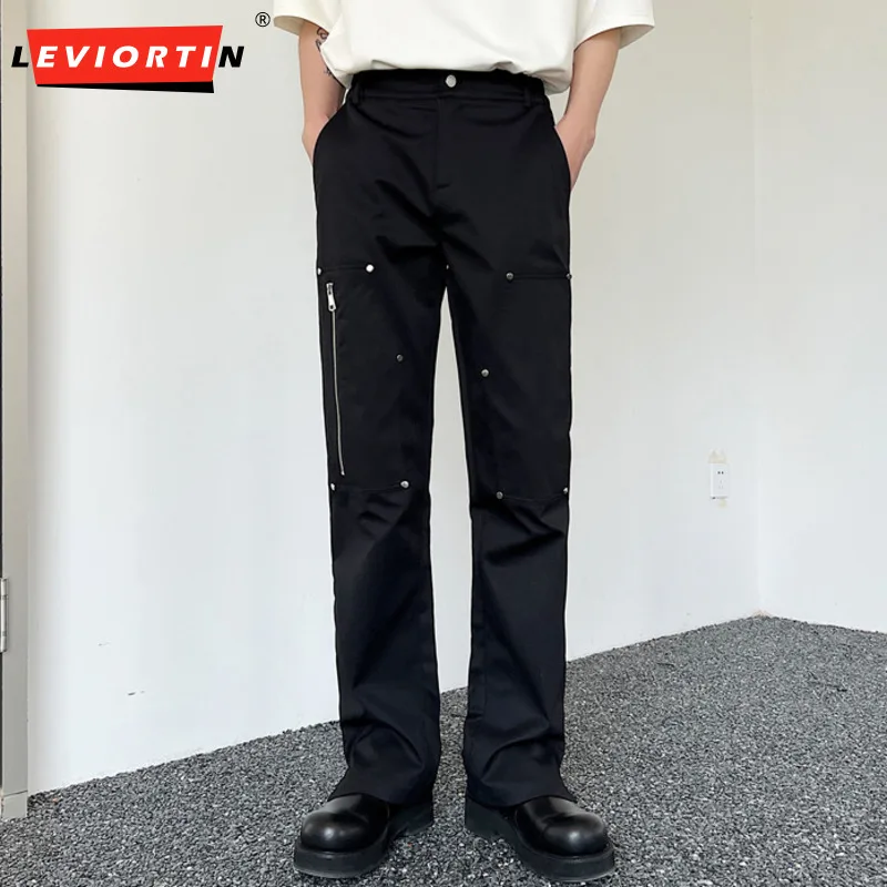 Vintage Männer Freizeit hose einfarbig Niet Reiß verschluss Jogger lose Flare Hosen Mode Männer Streetwear lange Hosen