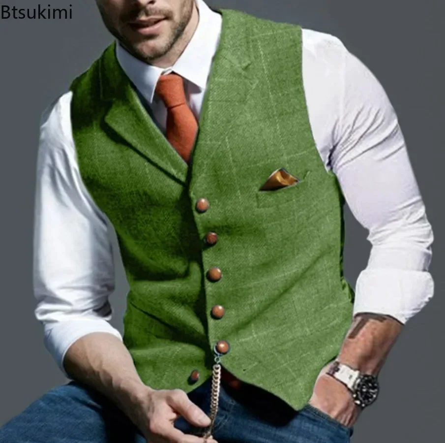 2024 Men\'s Formal Vests Lapel Tweed Plaid V-neck Waistcoat Slim Vest Business Formal Dress Suit Casual Wedding Tuxedo Male Vest