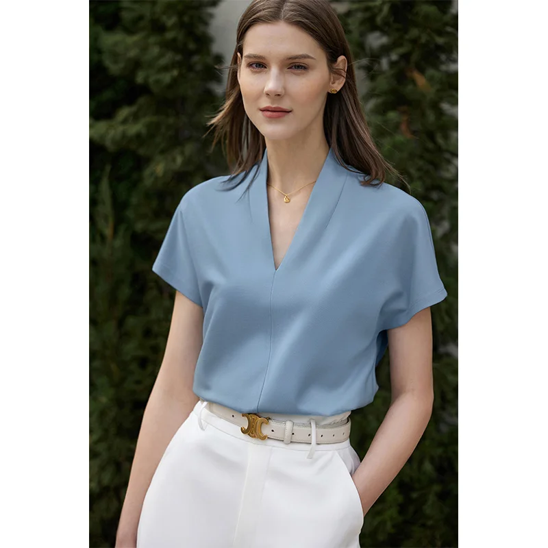 AMII Minimalismus 2026 Sommer Damen T-Shirt Klassischer Stil Lässiger V-Ausschnitt Kurzarm Einfarbig Dehnbar Damen Oberteile & T-Shirts 12612011