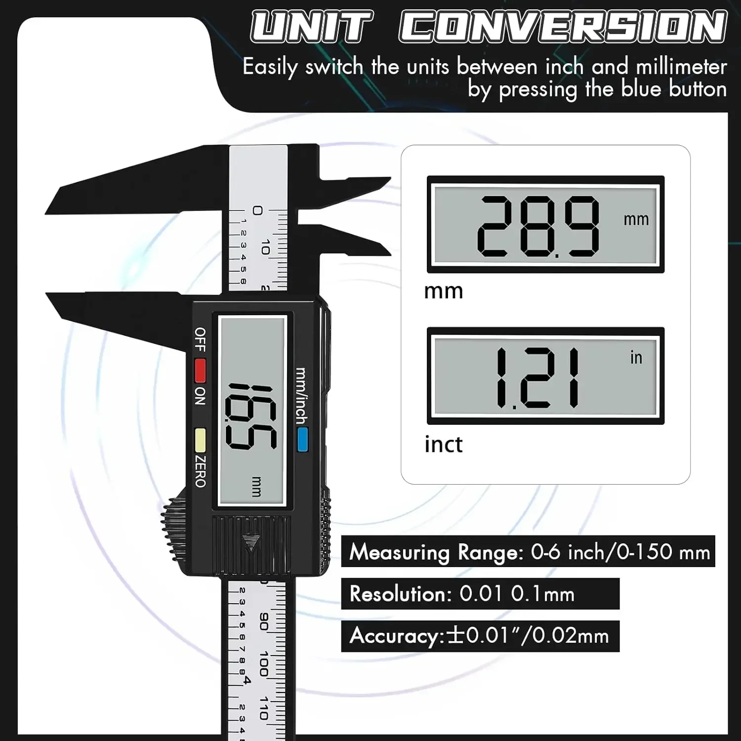 Electronic Digital Caliper, Inch and Millimeter Conversion, LCD Screen Display 0-6” Caliper Measuring Tool, Auto Power Off