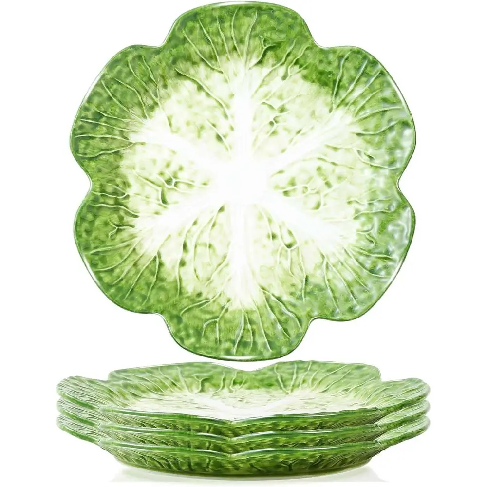 

Set of 4 Green Ceramic Salad Plate, 10.5 Inch Cabbage Plates, Porcelain tive Plates for Kitchen, Round Appetizer Bowl for Desser