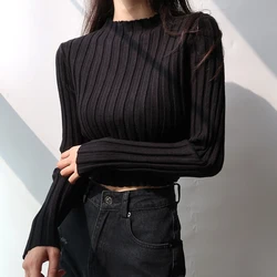 Women Sweater American Style Stand Collar Solid Color Simple Slim Fit Fashion Short Knitted Long-sleeved Pullover