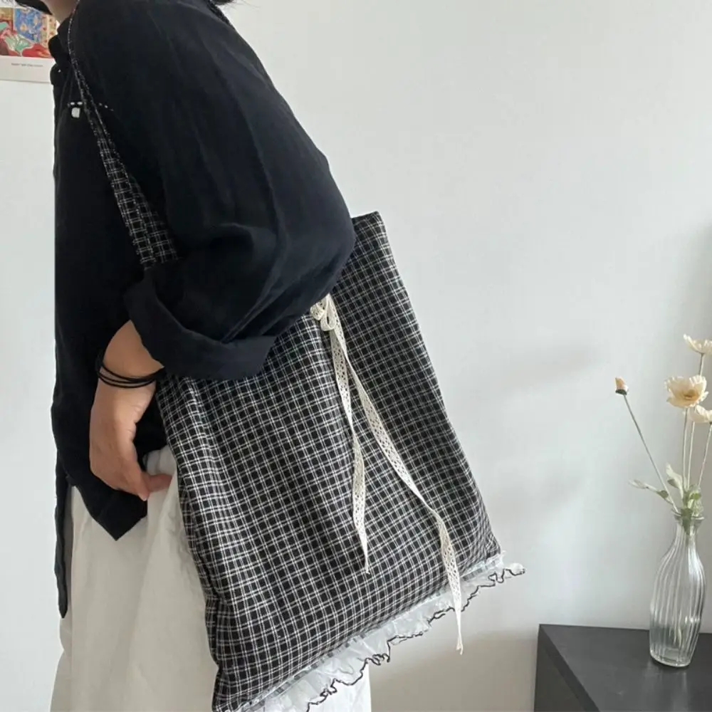 

Solid Color Polka Dot Ruffle Lace Canvas Bag Sweet Large Capacity Bow Shoulder Bag Casual Korean Style Plaid Shoulder Bag Travel