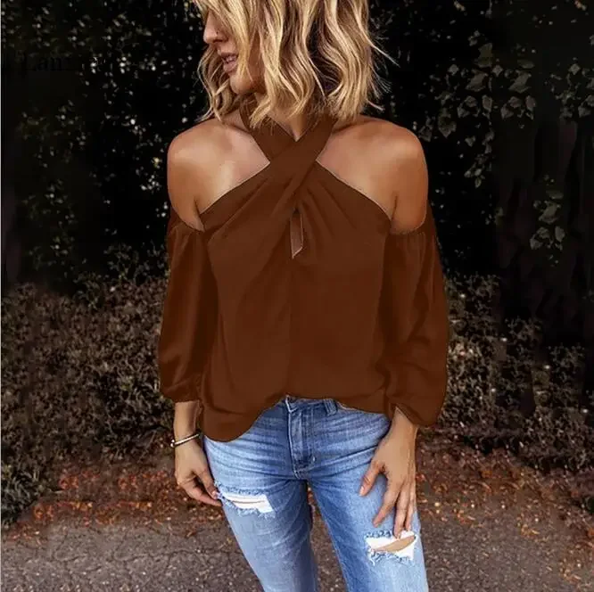 

Women Halter Shirt Solid Summer Back Zipper Long Sleeve Shirt Female Chiffon Women's Slim Clothing Tops