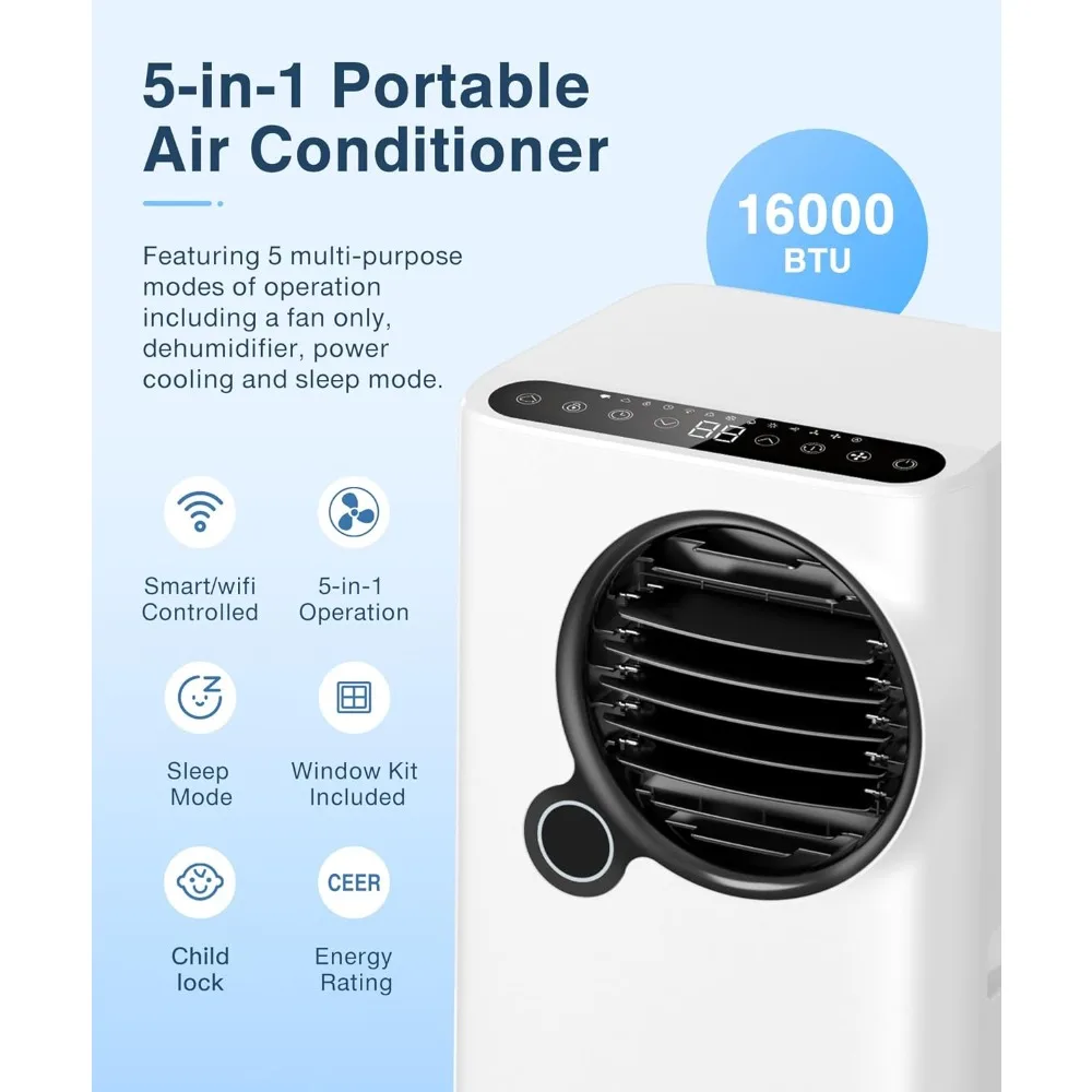 AC portabel 2024 BTUs Unit AC portabel, untuk kamar dengan kontrol aplikasi Wifi 5 dalam 1 16000