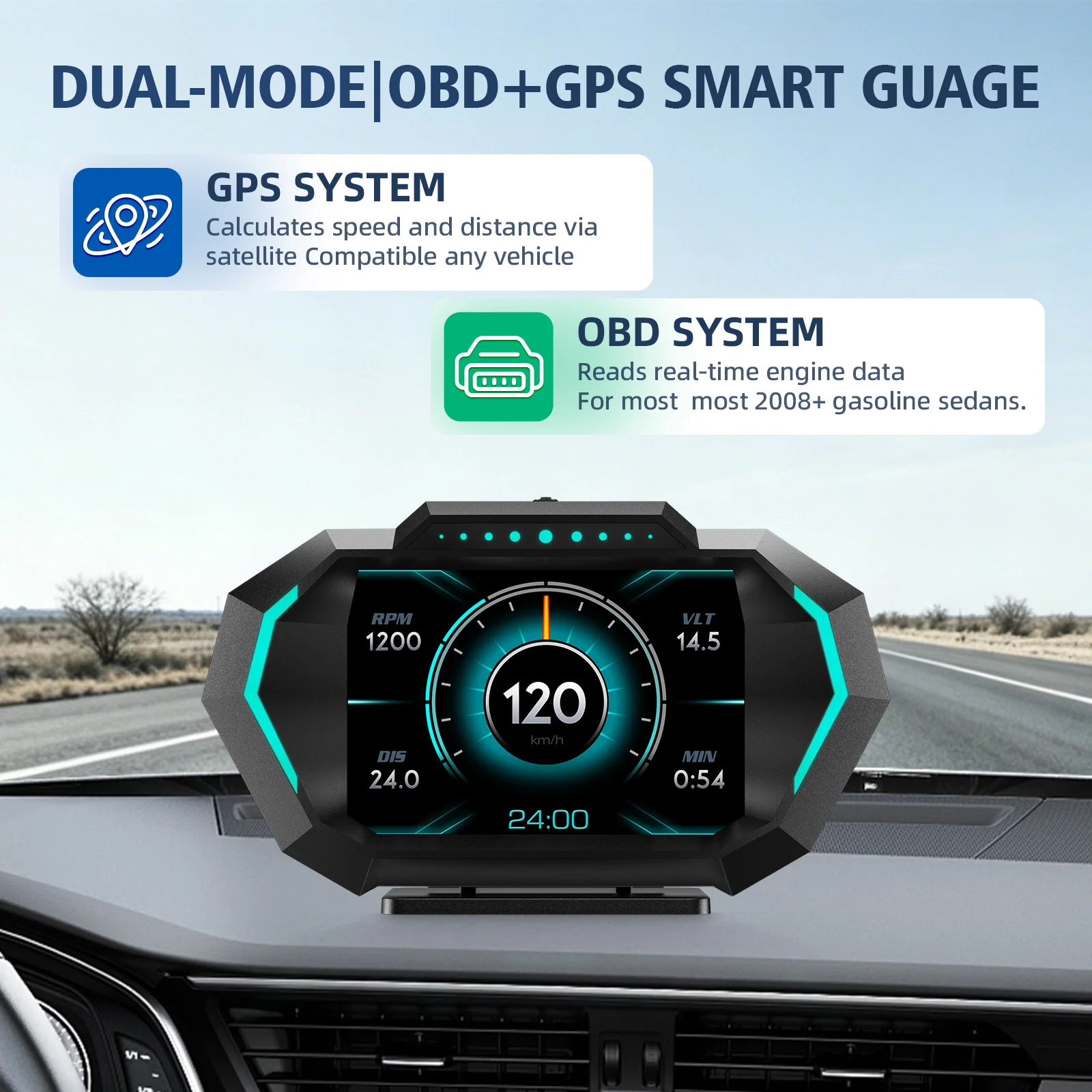 Newest P24 HUD Windshield Projector Speedometer Meter with Korean+Russian 12Language Multi-function Full LCD Instrument OBD/GPS