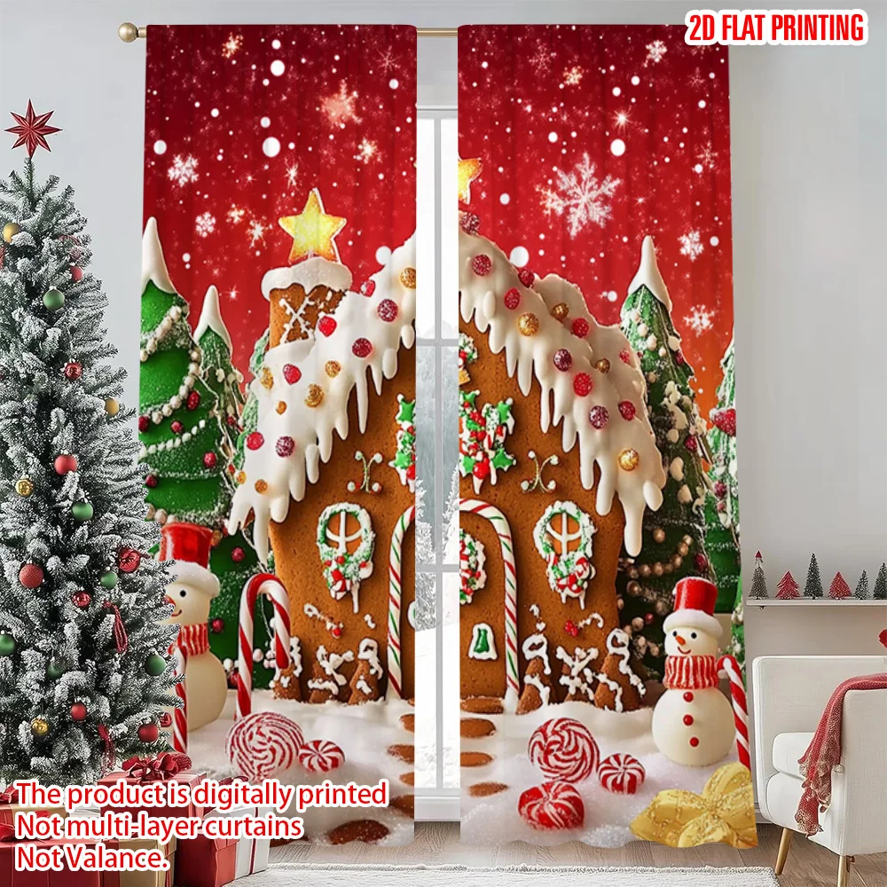 

2pcs 2D flat printing Merry Christmas Drapes Merry Christmas Gingerbread House with Santa Tree Lollipop Party Versatile Durable