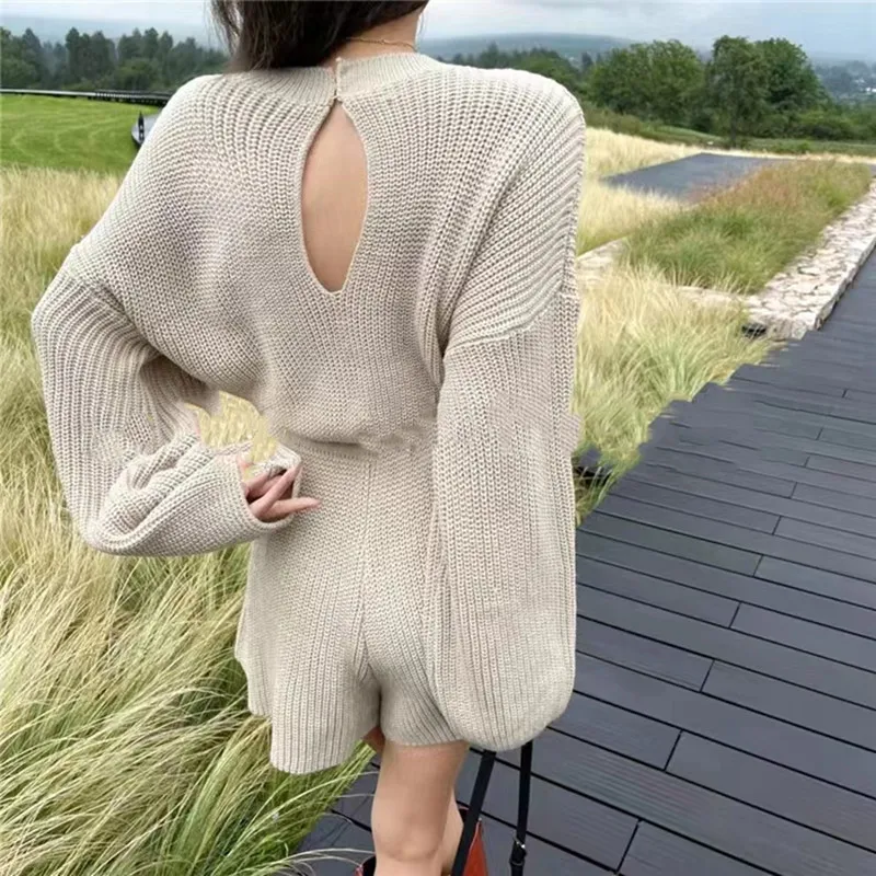 NEW Chic Autumn Winter Crew Neck Knitted Long Women Wide-leg Sleeved Jumpsuit Shorts Drawstring Rompers Slim Korean Outfit