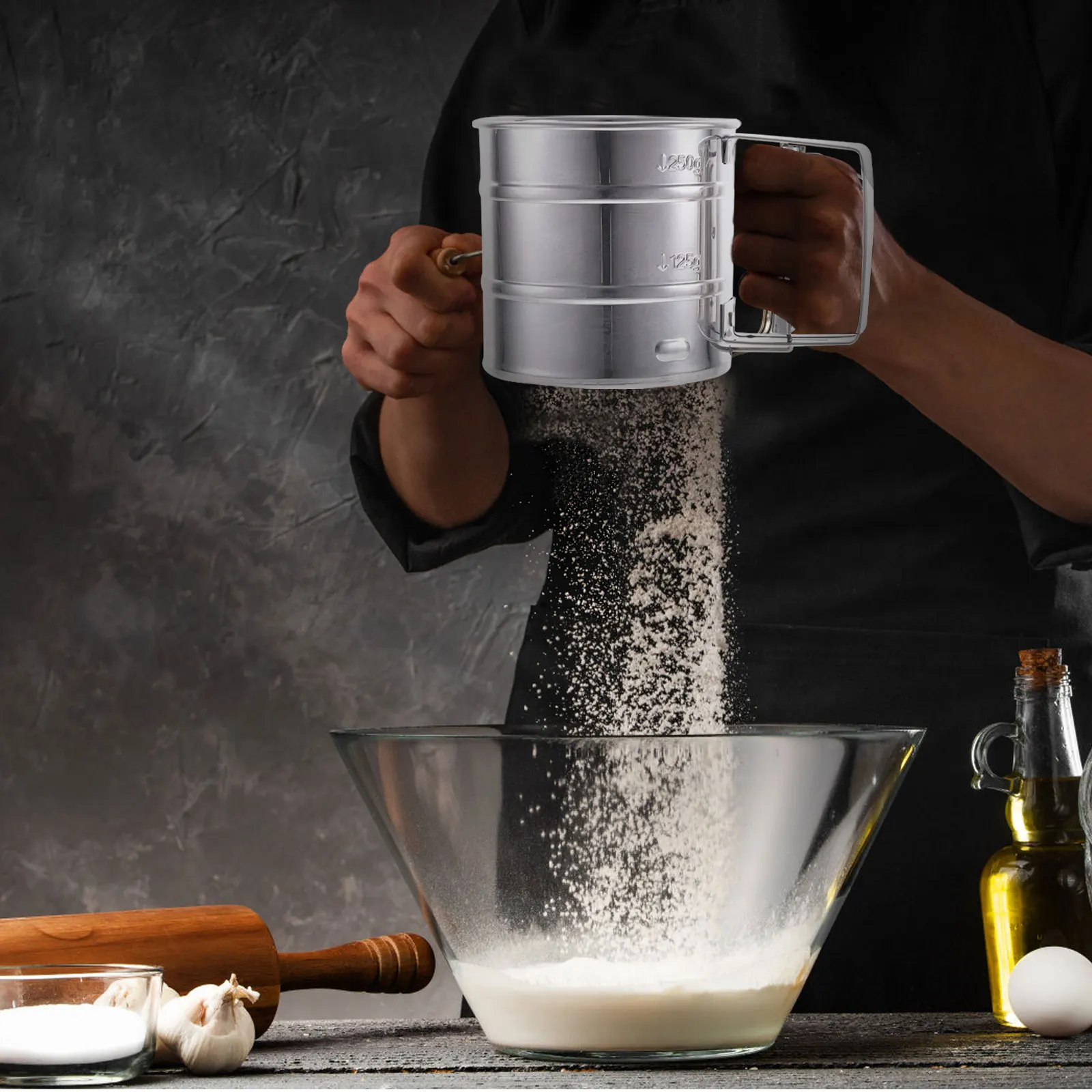 

Flour Sifter Cup Stainless Steel Semi-Automatic Hand-Operated Kitchen Tool for Baking Cake Sugar Powder Sifting