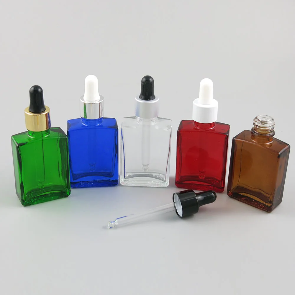 

Плоская квадратная стеклянная бутылка-капельница на 30 мл, прозрачная/синяя/зеленая стеклянная бутылка с серебряной крышкой, золотой колпачок, белая крышка