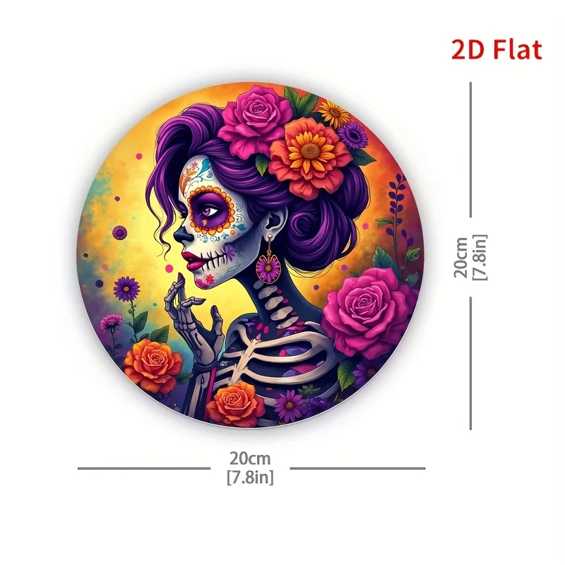 2D Flat, 1pc Vintage Metal Wall Decor - Mexican Day of the Dead Sugar Skull with Floral design - Durable Aluminum Sign for Home,