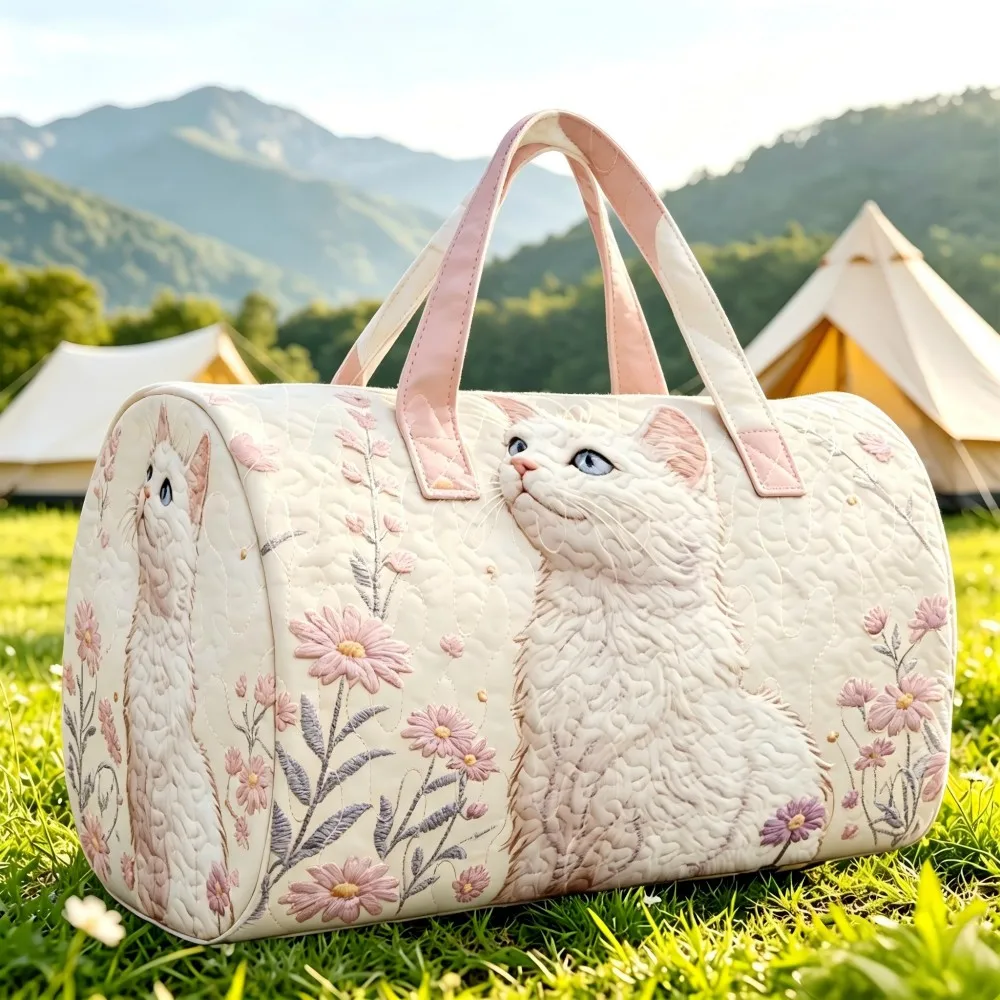 American style new women's retro romantic white cat flower print comfortable round handbag outdoor Christmas gift travel bag